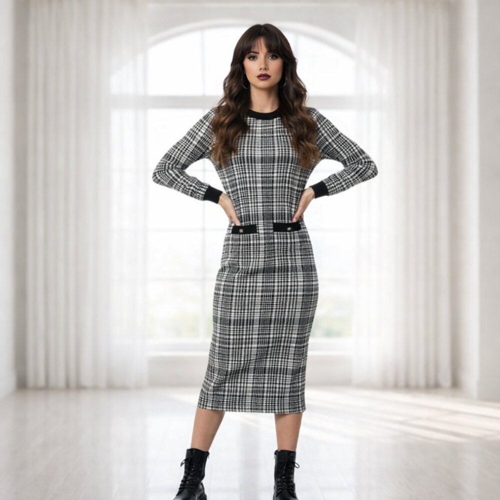 2 for $15 Shein SXY Black And White Plaid Dress Long Sleeve Gold Button XS